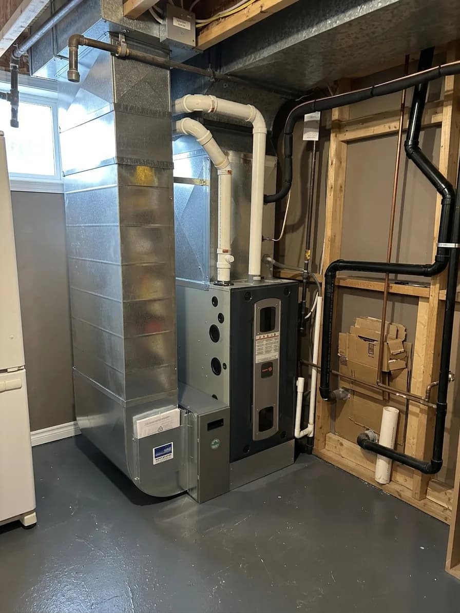 Residential basement furnace with PVC venting — the type of system this guide diagnoses for five common short-cycling causes.