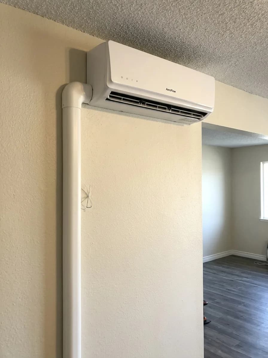 Wall-mounted ductless mini-split indoor head in a residential room.