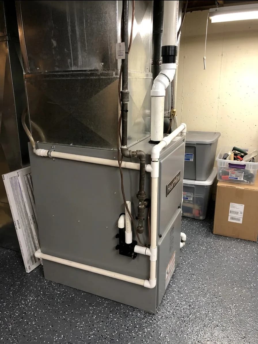 Gas furnace cabinet with clean PVC venting routed through the wall.