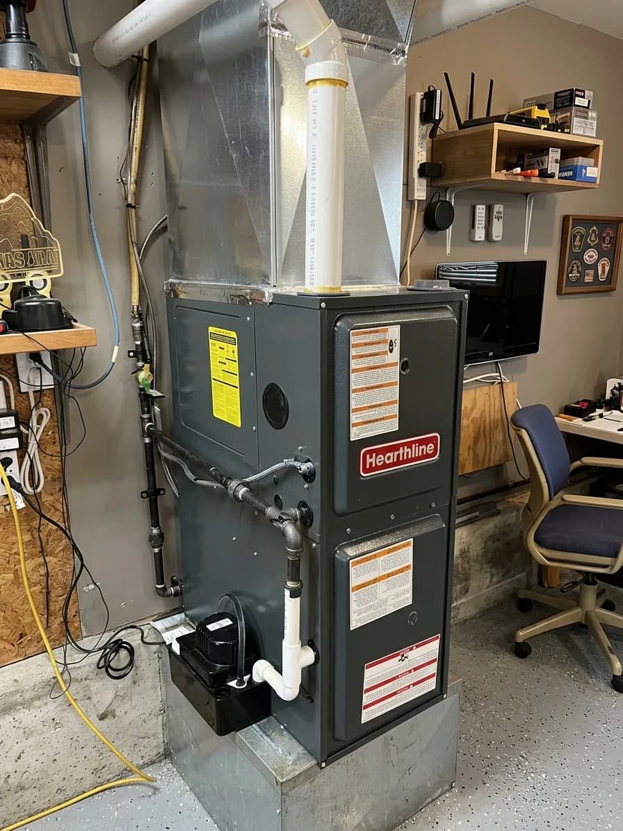 Replacement gas furnace in a residential mechanical room with new ductwork.