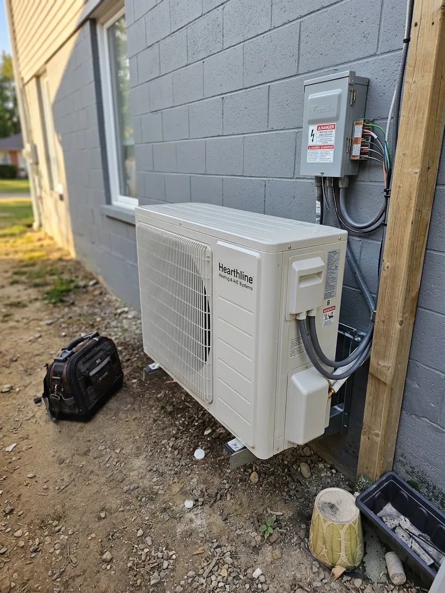 Outdoor cold-climate heat pump installed beside a stone-clad exterior wall.