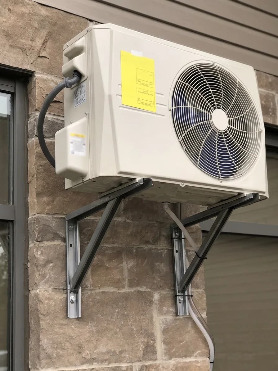 Outdoor mini-split unit installed beside a stone facade.