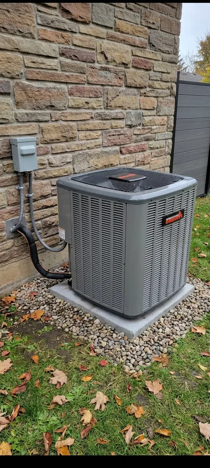 Outdoor central AC condenser at a brick residence — common source of the seven distinctive sounds covered in this loud-noise troubleshooting guide.
