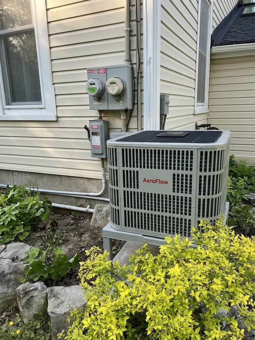 Outdoor AC condenser with electrical disconnect boxes mounted on the wall.