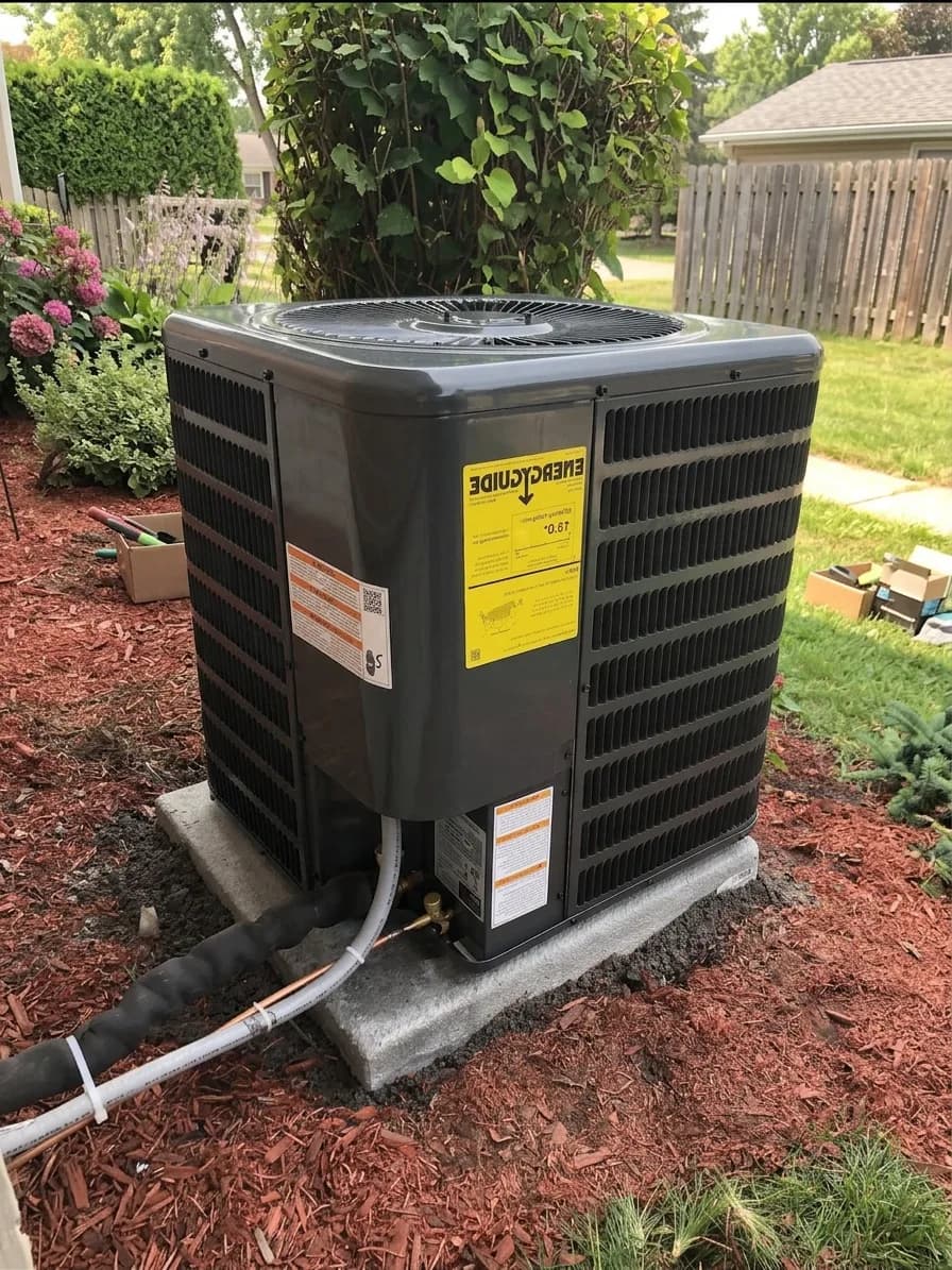 New outdoor AC condenser on a level pad set in a landscaped mulch bed.