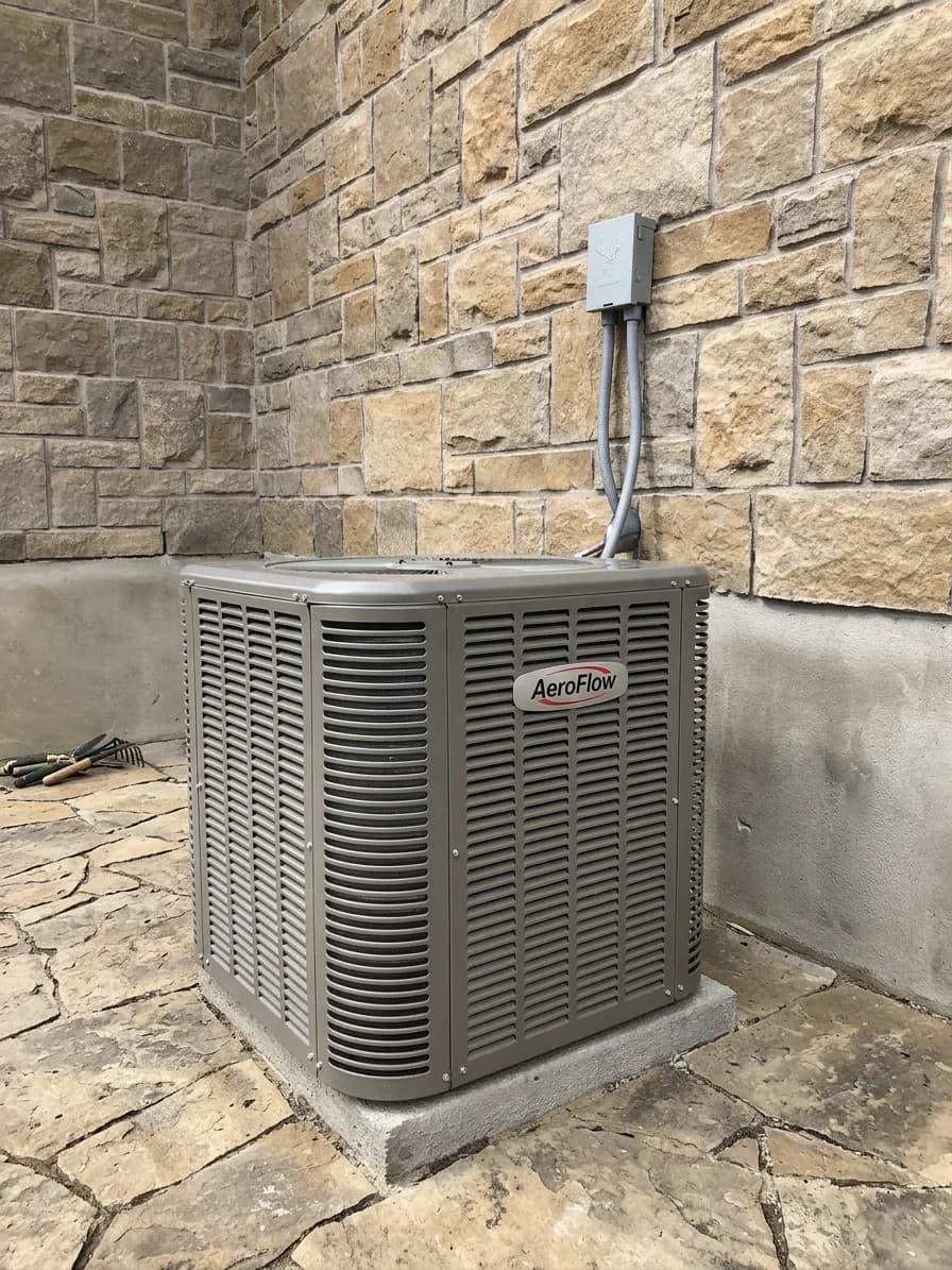 Outdoor AC condenser against textured stone siding.